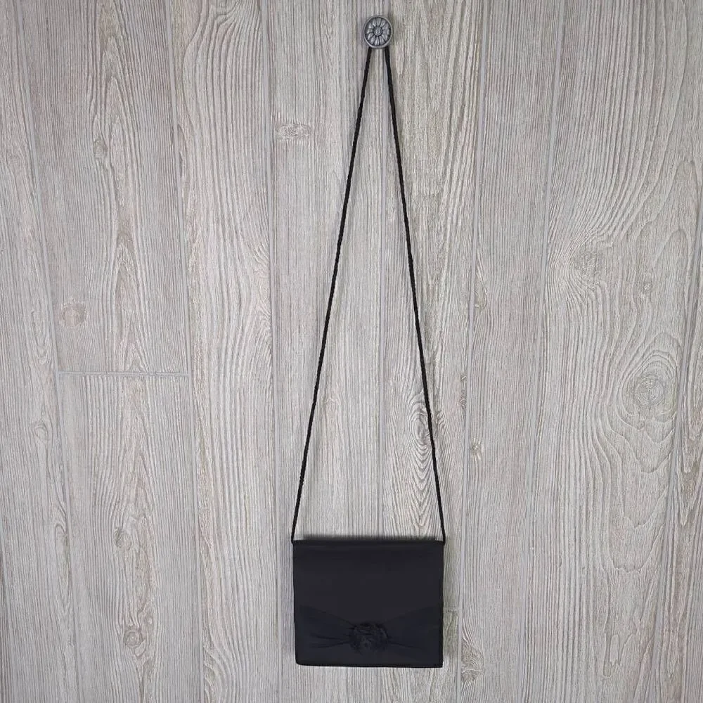 Carolyne Barton Night Crossbody Shoulder Purse Black Satin Flower Front Ribbon